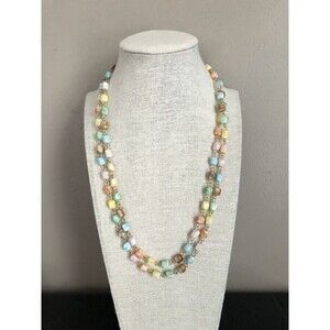 Glass Swirl Mini Square Beaded Long Necklace ~Light Pastels